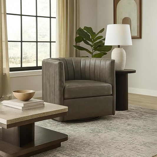 CHERS Rivet Mid-Century Modern Swivel Armchair, Channel-Tufted Faux Leather Accent Chair, 360-Degree Rotating Lounge Chair with Ergonomic Design for Living Room, Bedroom, Home Theater, Pewter
