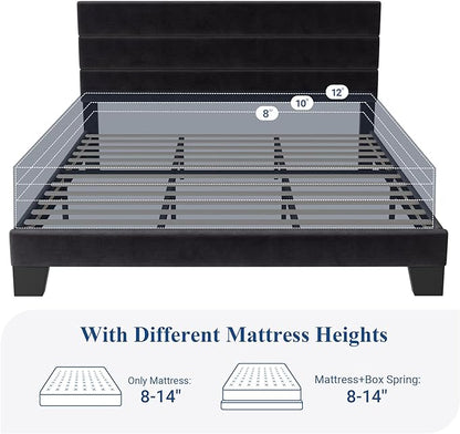 Allewie King Size Platform Bed Frame with Velvet Upholstered Headboard and Wooden Slats Support, Fully Upholstered Mattress Foundation/No Box Spring Needed/Easy Assembly, Black