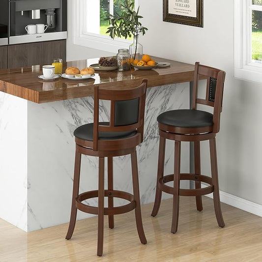 COSTWAY Bar Stools Set of 2, 30.5” Swivel Upholstered Bar Height Bar Stool with Curved Backrest & Cushioned Seat, Solid Rubber Wood Legs & Resting Footrest, for Kitchen Island (2, 30.5”)