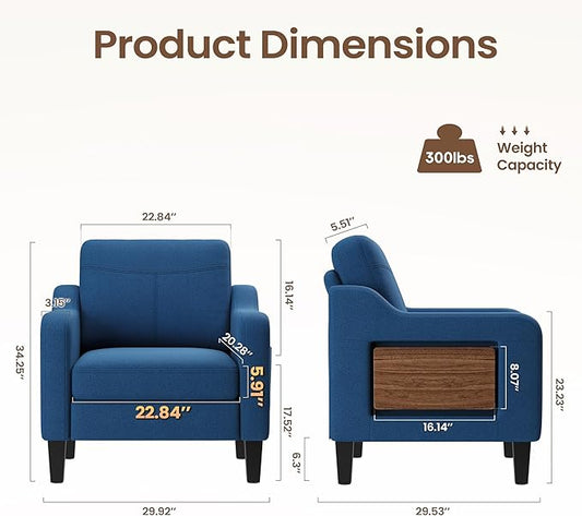 Accent Chair for Living Room Modern Linen Upholstered Armchair Side Wooden Fabric Sofa Chair with Foldable Table 2 Side Pockets Comfy Reading Chair for Bedroom