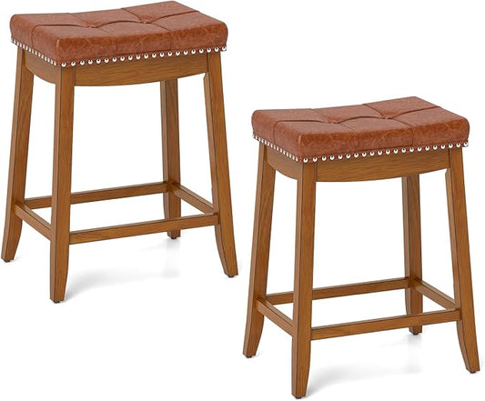 COSTWAY Saddle Bar Stools Set of 2, 25-Inch Counter Height Barstools w/PU Leather Seat, Solid Rubber Wood Frame, Footrest, Mid-Century Backless Counter Stools for Kitchen Island Home Bar