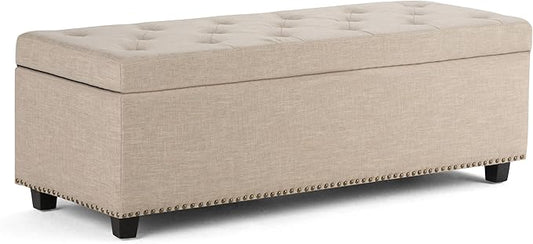 SIMPLIHOME Hamilton 48 inch Wide Transitional Rectangle Storage Ottoman in Natural Linen Look Fabric, Assembled, For the Living Room, Entryway and Family Room