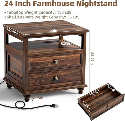 Farmhouse Dresser and Nightstand Sets, Wood 54" Wide Dresser & 24" Night Stand with Charging Station, 2 Piece Bedroom Furniture Set, Chest of Drawers for Bedroom, Home, Living Room, Hallway