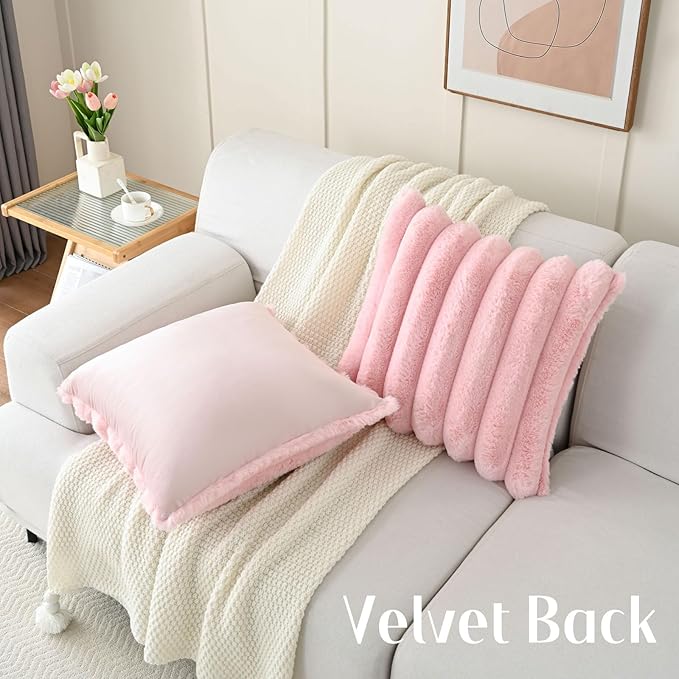 FUTEI Pink Decorative Throw Pillow Covers 16x16 Inch Set of 2, Square Soft Faux Rabbit Fur Thick Striped Cushion Cover,Winter Home Decor for Couch Bed Living Room