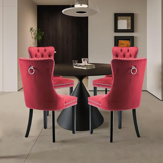 Velvet Upholstered Dining Chairs Set of 4, Modern Style Kitchen Side Chairs with Nailhead Trim and Wood Legs,Metal Pulling Ring for Dining Room Living Room(Wine Red,Set of 4)