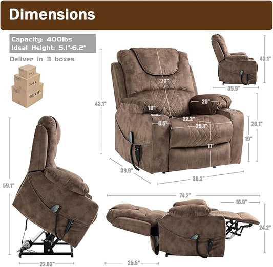 Dual Motor Large Power Lift Chairs Recliners for Adults Elderly Big Man Lay Flat Velvet Recliner with Massage Heat, Infinite Position, 2 Cup Holders, 2 Side Pockets, Up to 400LBS