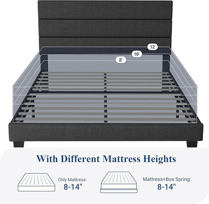 Allewie Queen Size Platform Bed Frame with Fabric Upholstered Headboard and Wooden Slats Support, Fully Upholstered Mattress Foundation/No Box Spring Needed/Easy Assembly, Dark Grey