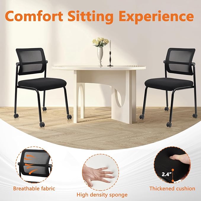CLATINA Stacking Armless Office Guest Chair with Wheels, Stackable Mesh Waiting Room Reception Desk Chairs with Adjustable Backrest for Conference Lobby Side School, Black