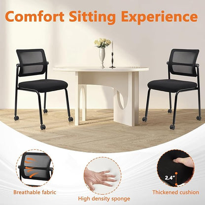 CLATINA Stacking Armless Office Guest Chair with Wheels, Stackable Mesh Waiting Room Reception Desk Chairs with Adjustable Backrest for Conference Lobby Side School, Black, 4PK