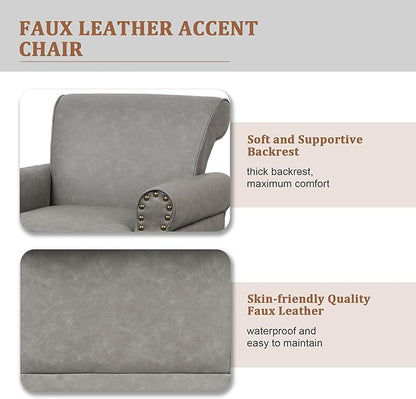 Accent Chair, Mid Century Modern Faux Leather Arm Chair with Wood Leg for Living Room, Bedroom, Comfy PU Leather Club Reading Chairs with Wingback & Nailhead Trim (Leather Grey, Set of 1)