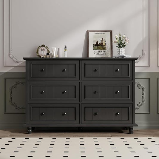 Scurrty Antique 6 Drawer Dresser, Modern Chest of Drawers, Large Cabinet with Storage, Big Dresser for Clothes in Living Room, Bedroom (Black)
