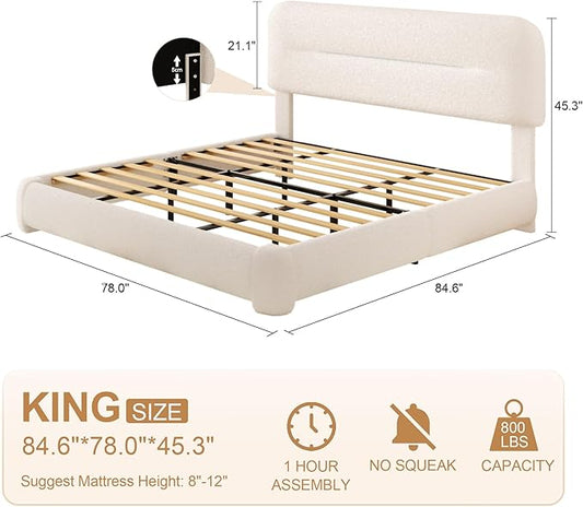 King Size Cloud Bed Frame, Upholstered Boucle Platform Bed with Adjustable Headboard, Anti-Collision Soft Rounded Corners, Noise Free, Easy Assembly, White