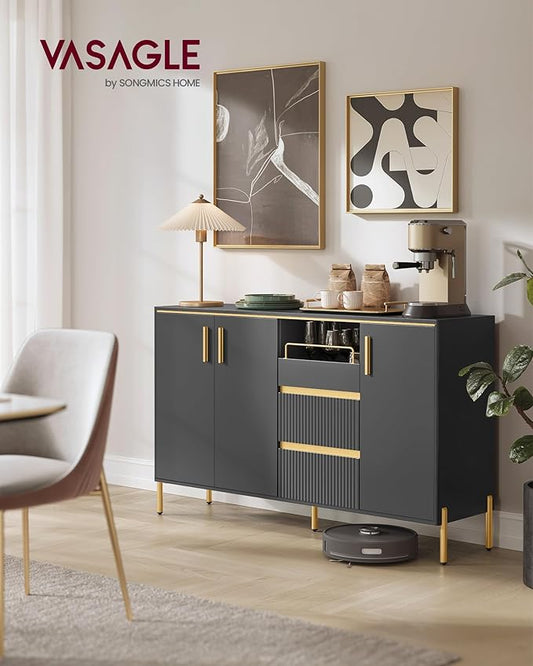 VASAGLE Buffet Cabinet with Storage, Sideboard, Kitchen Cabinet with Drawers, Adjustable Shelf, Fluted Drawer Front, for Living Room, Modern, Ink Black UBBC691B01