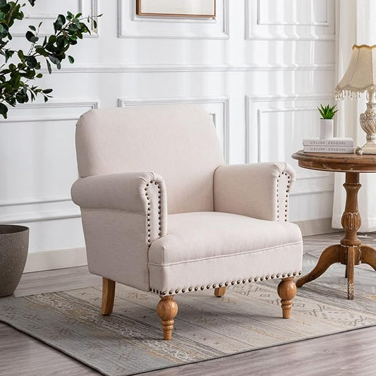 Linen Accent Chairs Set of 2 Mid-Century Modern Living Room Armchair with Nailhead Trim & Wood Legs Comfy Upholstered Single Sofa Chair for Lounge/Bedroom/Reception, Cream