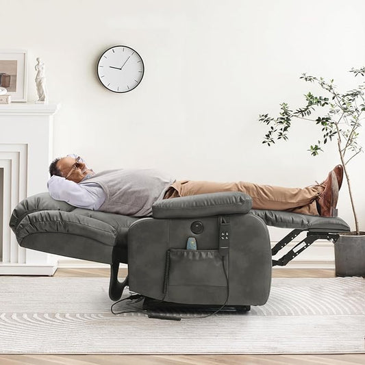 Dual Motor Large Power Lift Recliner Chair for Elderly with Heat and Massage,Lay Flat Lift Chairs Recliners for Seniors Infinite Position,USB Ports&Remote, Leather (Silver Grey, Medium)