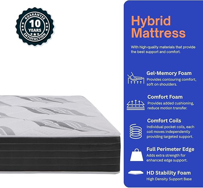Roam 2.0 RV 12" Hybrid Mattress with Gel Memory Foam, RV Short King 70x74 Mattress, Luxury Medium Feel Made in USA