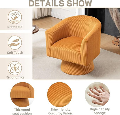 Swivel Accent Chair Set of 2, Modern 360° Swivel Barrel Chair, Corduroy Upholstered Single Sofa for Living Room, Bedroom(Mustard)