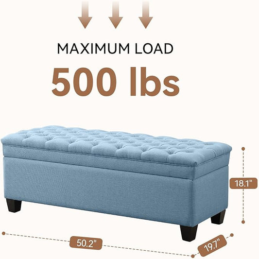 50" Storage Ottoman Bench, Rectangular End of Bed Storage Bench, Upholstered Large Fabric Tufted Ottoman with Storage for Living Room, Bedroom, Entryway,Blue