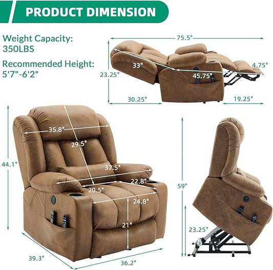 VIVIJASON Tall Man Dual Motor Power Lift Recliner Chair with Extended Footrest, Oversized Lay Flat Sleeper Electric Recliner W/Heat & Massage, Lumbar Pillow, USB & Type-C Ports, Infinite Position