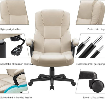 Furmax Office Executive Chair High Back Adjustable Managerial Home Desk Chair, Swivel Computer PU Leather Chair with Lumbar Support (Beige)