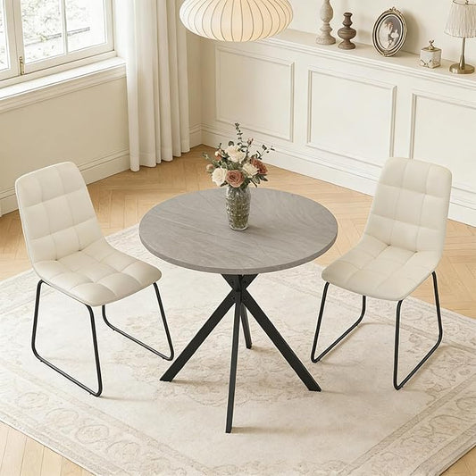 31.5" Round Dining Table Chairs Set for 2, Small Dining Table Chairs Set Space-Saving, Small Dinette Sets for 2 for Kitchen Dining Room Apartment(Gray Table + Beige Chairs)