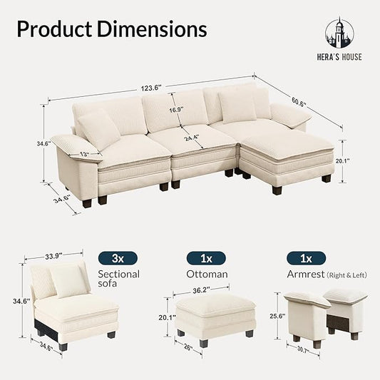 HERA'S HOUSE Oversized Modular Sectional Sofa, 124" L Shaped Cloud Couch with Ottoman and Throw Pillow, Mixed Fabric Sleek Couches for Living Room, Beige