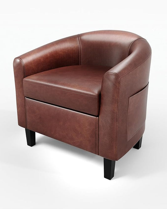 GarveeHome Accent Chairs Faux Leather Barrel Chairs Club Armchairs with Soft Seat for Living Room Bedroom Reading Waiting Room(Brown)