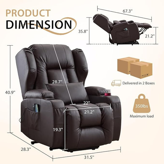 Power Lift Chair Recliner with Heat and Massage,Single Sofa Chair Recliner for Elderly,Electric Recliners Comfortable Lift Chairs for Living Room with Remote/Storage/Cup Holders/USB Port (Brown)