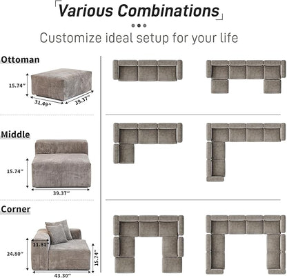 WJShome Modular Sectional Sofa Couch,181.1inch Oversized 4 Seater Couch, Upholstered with Corduroy Fabric Couches with 6 Pillows,Cushion Covers Removable& Washable