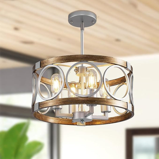 Silver Farmhouse Chandelier Light Fixture, 4-Light Kitchen Lighting Fixture Ceiling Mount, Rustic Round Ceiling Hanging Kitchen Island Lighting for Dining Room Bedroomxture
