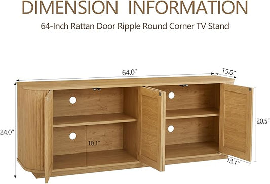 LKTART 64" Sideboard Buffet Cabinet with Storage, Wooden Fluted Storage Cabinet Sideboard with Adjustable Shelves Pressed Spring Rattan Doors for Kitchen Living Room (Natural)