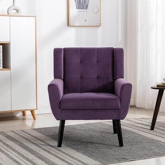 Dolonm Midcentury Modern Velvet Accent Chair with Arms, Upholstered Reading Side Chair Tufted Back Decorative Wingback Chair for Living Room Bedroom (Lavender Purple)