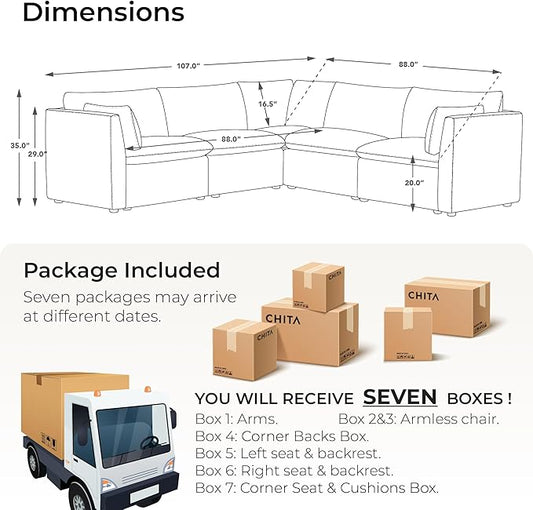 CHITA Luxury Oversized V-Shaped Sectional Sofa Couch, Premium Down Filled Cloud Modular Sectional, FSC Certified, 107''Width, 4 Seat and 1 Middle Corner for Living Room, Snow