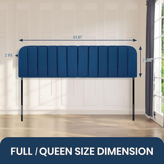 Upholstered Headboard - Striped Interval - Adjustable Height - Metal Legs - Bed Frame (Blue, Queen (U.S. Standard))