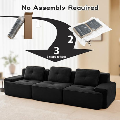 115.3” Black Boneless Couches for Living Room, Modular Sectional Sofa, 3 Seater Comfy Upholstered Deep Seat Corduroy Fabric Cloud Couch No Assembly, Anti-Slip Design