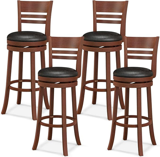 COSTWAY Bar Stools, 360-Degree Swivel Bar Chairs with PU Upholstered Seats, Solid Rubber Wood Backrests, Footrests & Legs, Bar Height Stools with Backs for Kitchen, Bar, Brown (4)