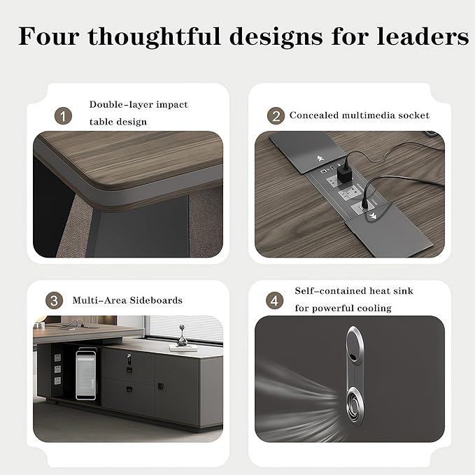 L Shaped Executive Desk, 86.6 inch Large Executive Computer Desk Set Drawers and Lockable, Power Socket and USB Port Storage, Without Display Racks and Bookshelves