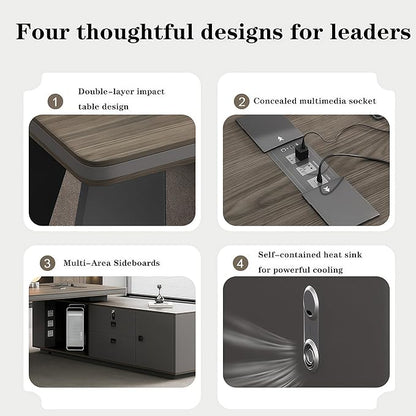L Shaped Executive Desk, 141.7 inch Large Executive Computer Desk Set Drawers and Lockable, Power Socket and USB Port Storage, Without Display Racks and Bookshelves