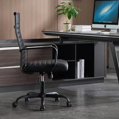 Conference Room Chairs, Ergonomic Executive Office Chair, Ribbed Leather Desk Chair with Lumbar Support, Adjustable Height Mid-Back Swivel Chair with Padded Seat