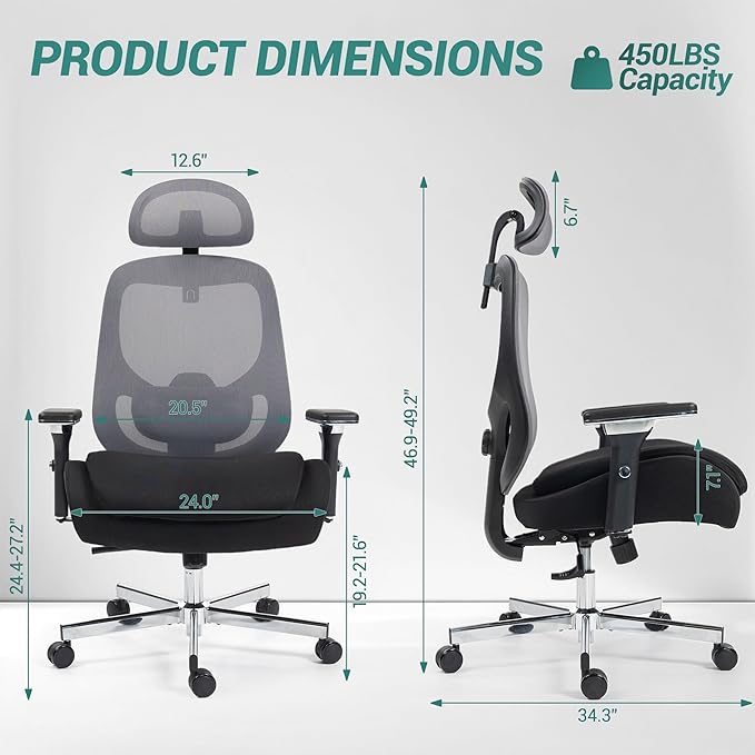 450 LBS Big and Tall Office Chair, Heavy Duty Executive Chair w/4D Arms, Ergonomic Computer Home Desk Chair, Swivel Mesh Chair w/2D Lumbar Support, Adjustable Headrest, Tilt Lock-Black and Grey