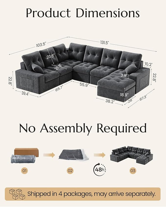 High Back Boneless Couch, Oversized Cloud Couch with Versatile 2-Pack Pillow Blankets, Corduroy Modular Sectional Sofa with Ottoman, No Assemble Sectional Couches for Living Room, Dark Grey