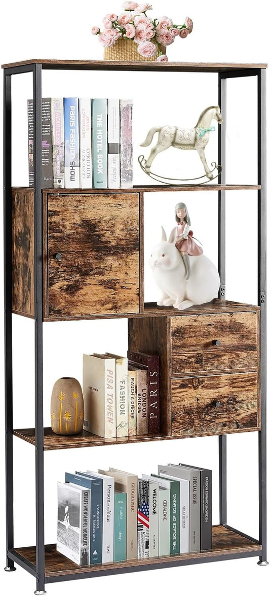 VECELO 5-Tier Bookshelf with 2 Storage Drawers & 1 Cabinet,Industrial Display Standing Shelf, Metal Frame Wood Storage Shelf,Open Bookcases for Living Room, Bedroom, Home,Office