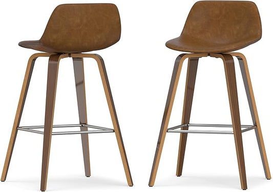 SIMPLIHOME Randolph Counter Stools (Set of 2) - 28 Inch Seat Height Upholstered Bentwood Kitchen Seats in Deep Tan Vegan Faux Leather, Mid Century Modern Seating with Curved Backrest and Footrest