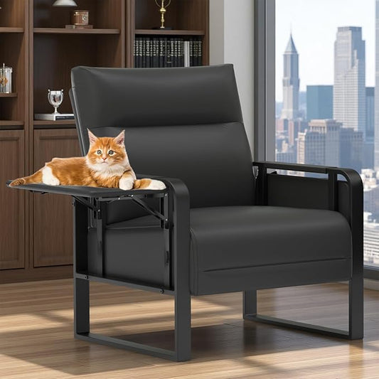 Faux Leather Accent Chair, Upholstered Armchair with Side Tray & Pocket, Comfy Reading Chair for Living Room, Bedroom, Guest Room, Black