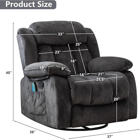 CANMOV Massage Swivel Rocker Recliner Chair with Heat and Vibration,360 Degree Manual Swivel Rocking Recliners with Side Pocket, Comfy Fabric Single Sofa Reclining Chair for Living Room, Grey