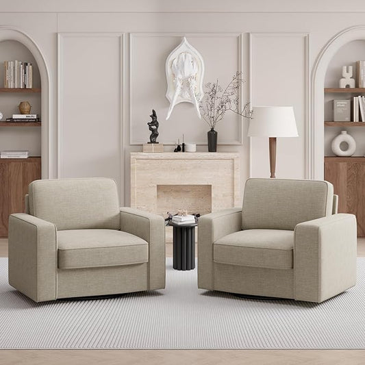 360 Degree Rotation Swivel Accent Sofa Chairs Set of 2, 36'' Width Oversized Armchairs in Linen Living Room,Reading,Office(Beige)