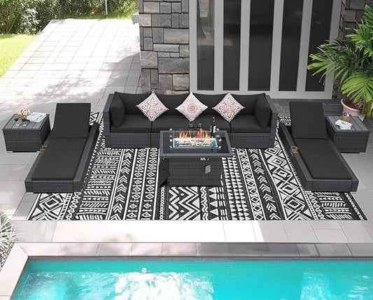 NICESOUL 9 Piece Modern Outdoor Furniture Set with Firepit Propane/Natural Gas, 29.3'' High Back Extra Large Patio Sectional Sofas with Chaise Lounge, Deep Seated PE Wicker Conversations Luxury, Gray