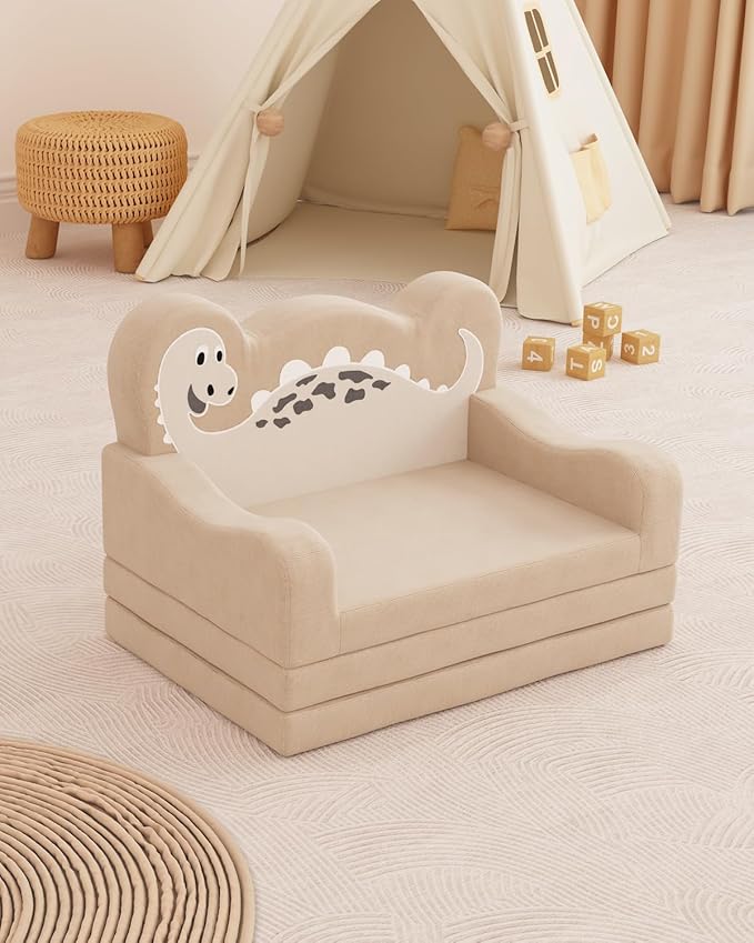 YACODAVO 2-in-1 Kids Couch Fold Out, Convertible Toddler Couch to Lounger, Toddler Chair Comfy, Kids Sofa for Girls and Boys, Gift for Birthday, Children's Day, Dinosaur Beige