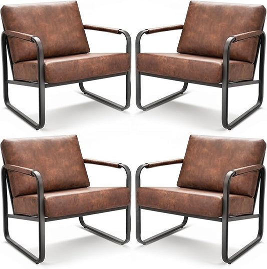 PrimeZone Mid-Century Modern Accent Chair Set of 4 - Comfy Faux Leather Living Room Chair, Lounge Armchair with Extra Soft Padded & Cushion, Ergonomic Accent Chair for Bedroom, Office, Brown
