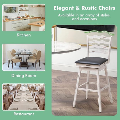 COSTWAY Bar Stools Set of 2, 29” 360° Swivel Bar Height Chairs with Rubber Wood Frame, Cushioned Seat, Ergonomic Backrest & Footrest, Wooden Upholstered Barstools for Kitchen Island (2, 29”)